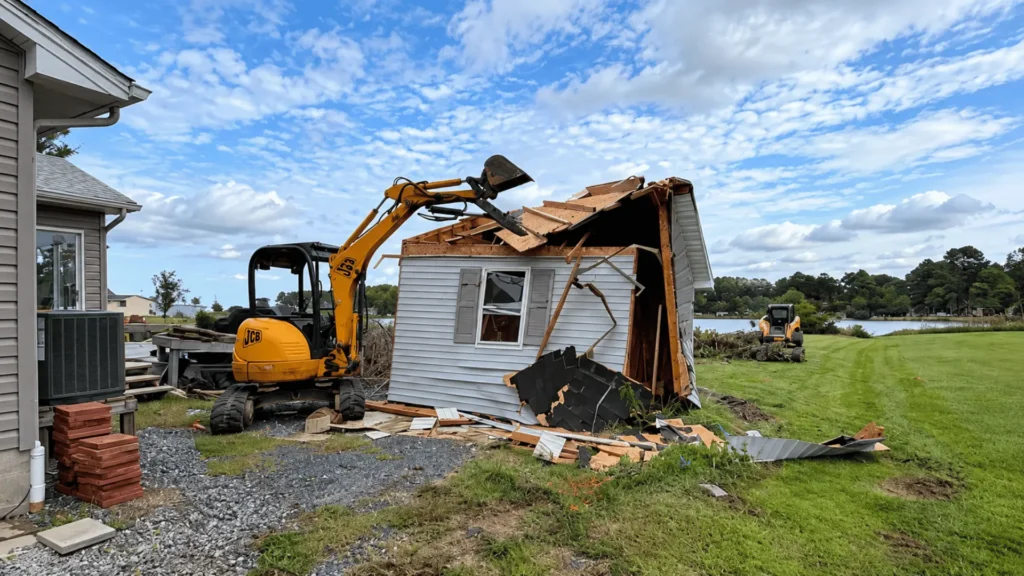 Mini excavator demolishing a shed on the Delmarva Peninsula